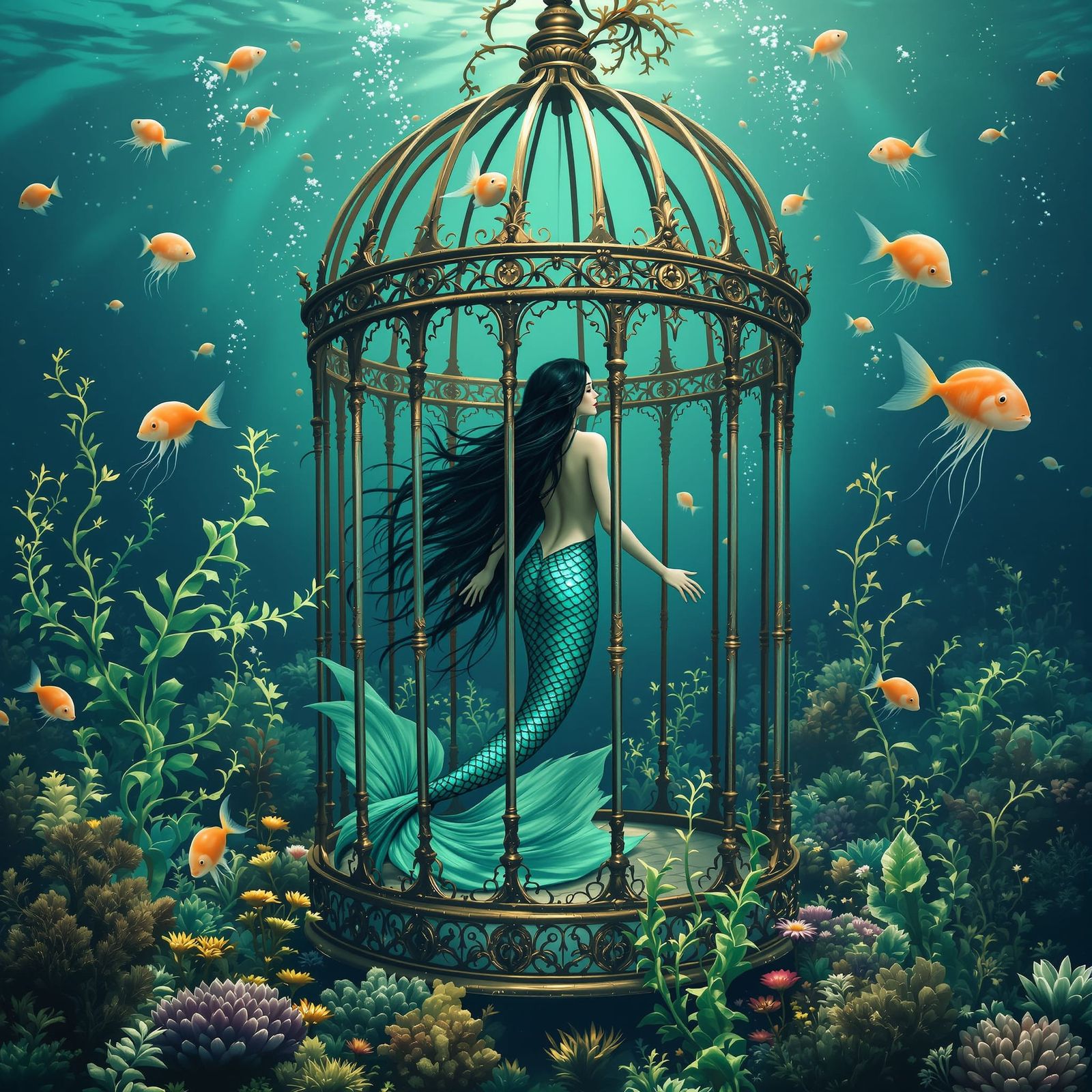 Fairytale Underwater Birdcage with Mermaid and Marine Life