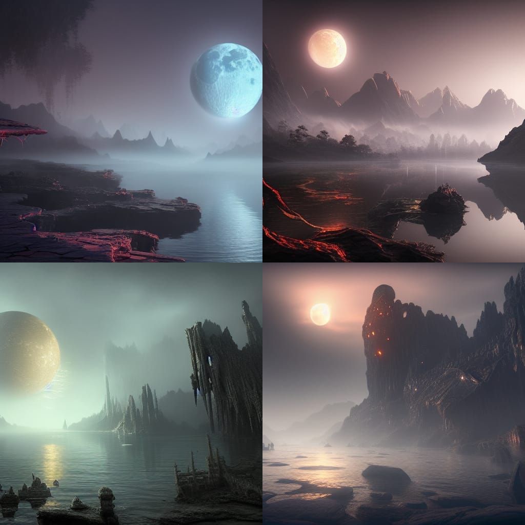 Shattered Moon Over Misty Lake: Dark Fantasy Art