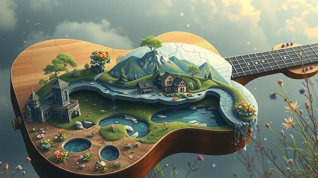 Surreal Guitar Landscape in Whimsical Dreamlike Style