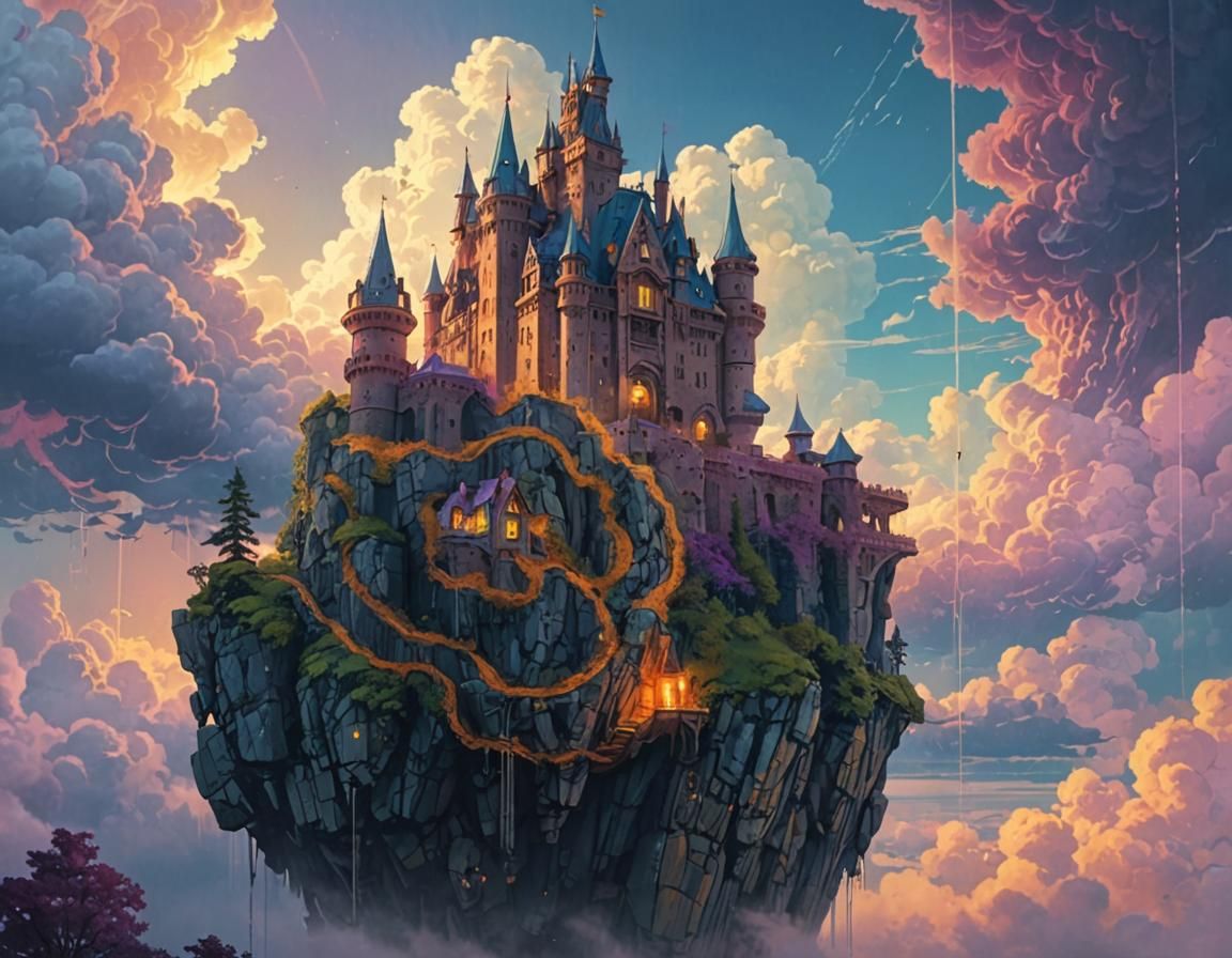 Ornate Castle Floating Among Misty Clouds