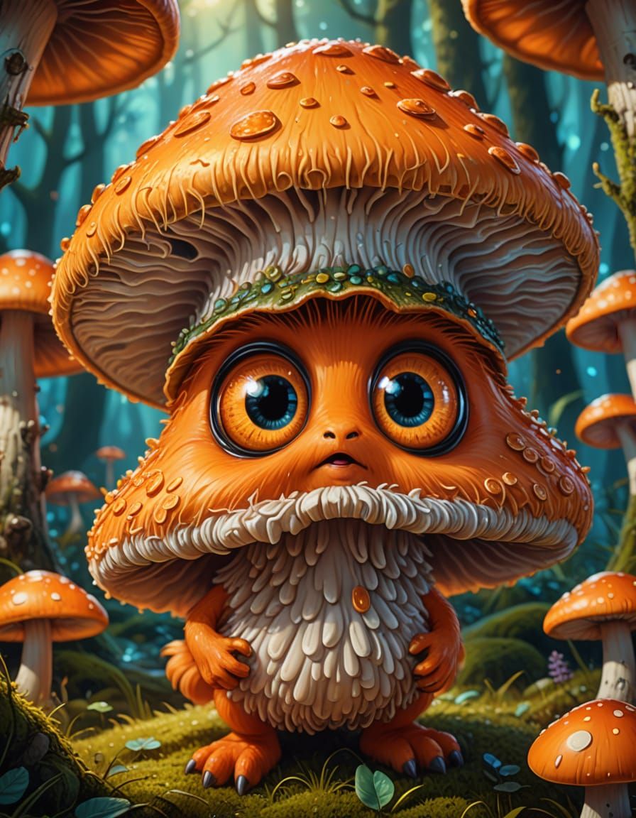 Cute Orange Creature Peeking From Behind Mushroom in Whimsic...