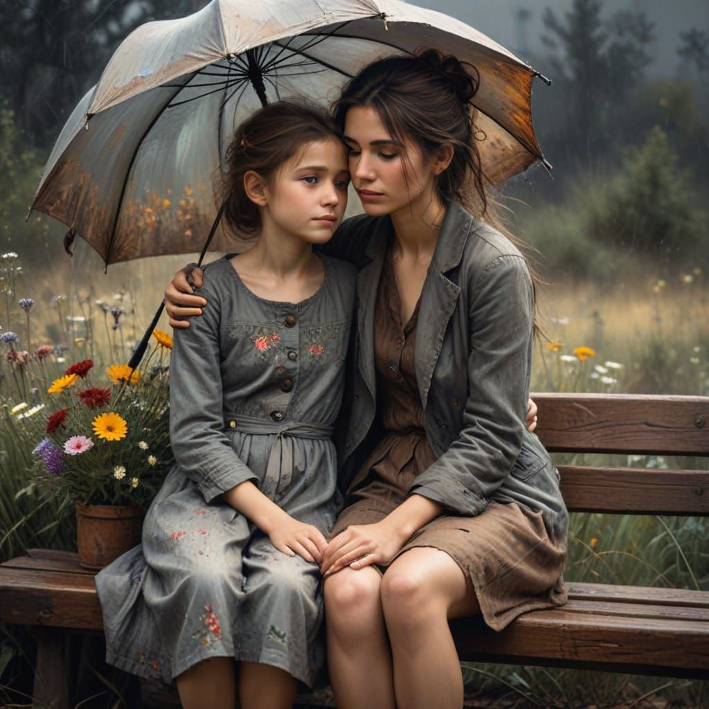 Melancholic Embrace: Woman and Girl in Oil Painting