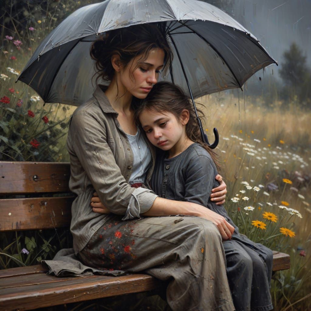 Woman and Girl Embrace as Impasto Oil Painting