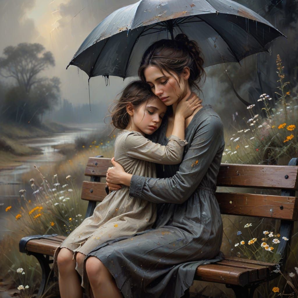 Melancholic Oil Painting of Woman and Girl