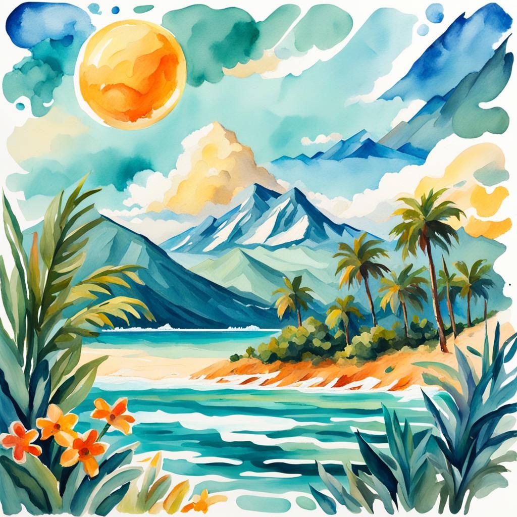 Summer Travel Sticker & Logo in Gouache Style