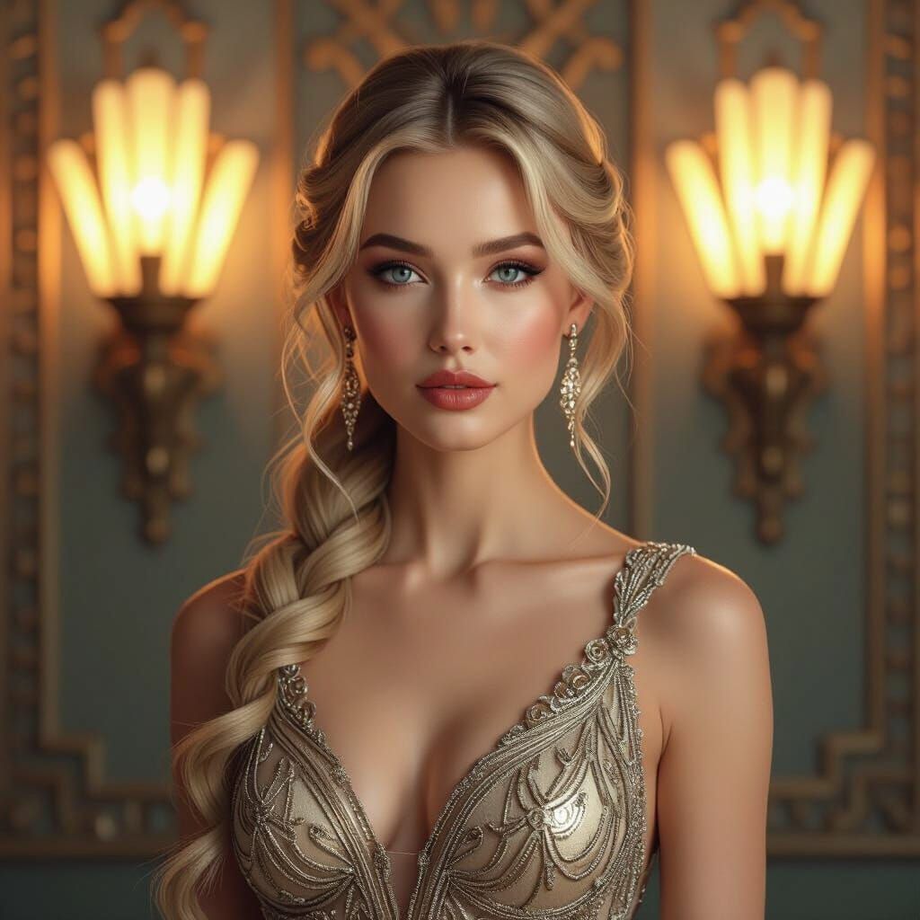 Art Deco Blond Woman Portrait in Hyperrealism