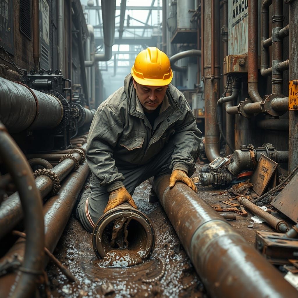 Sewer Cleaner Amidst Industrial Garbage Depot