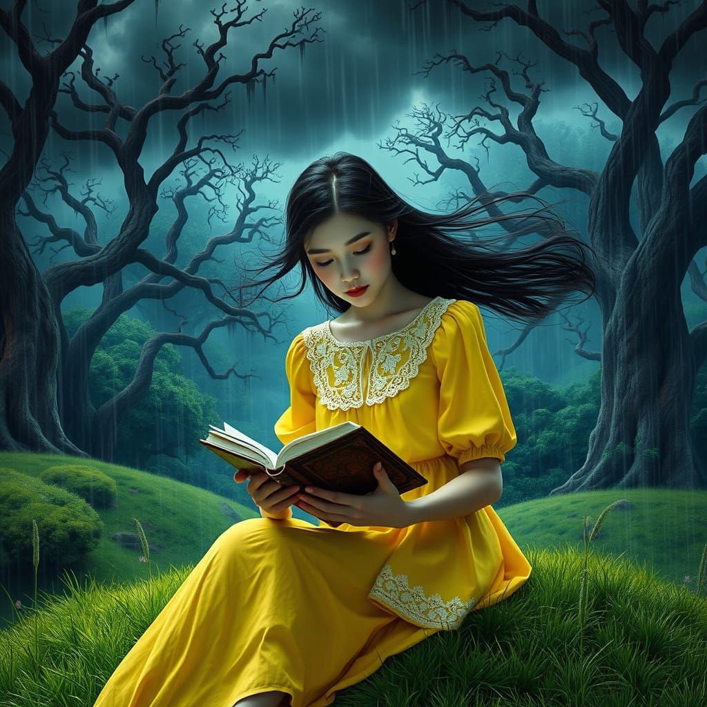 Ethereal Girl Reads on a Misty Garden Hill