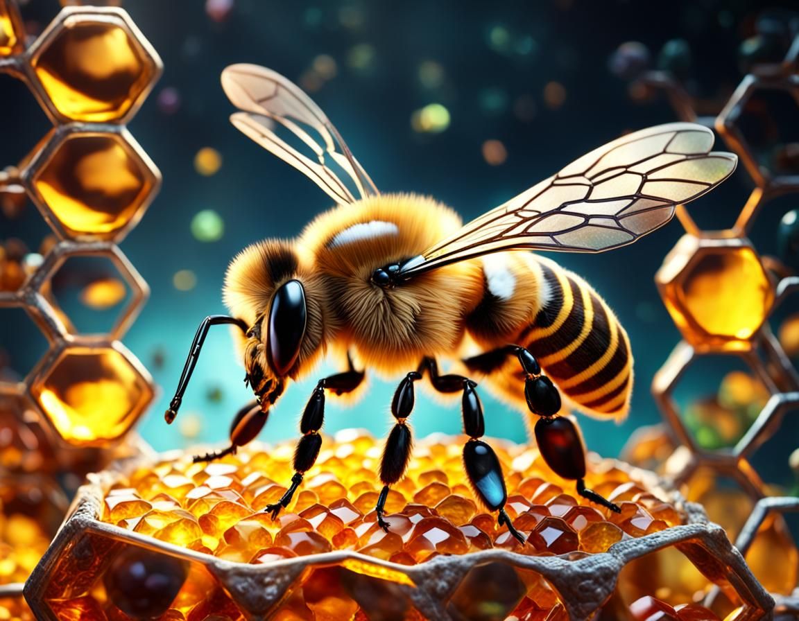Gemstone Honey Bee on Honeycomb: Digital Matte Painting