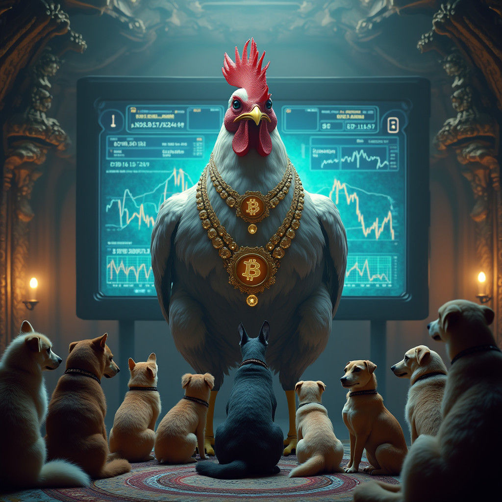 Regal Chicken Teaches Crypto to Dogs: Dreamlike Concept Art