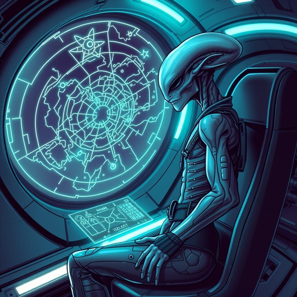 Ethereal Space Alien Ponders Cosmic Map in Futuristic Vessel