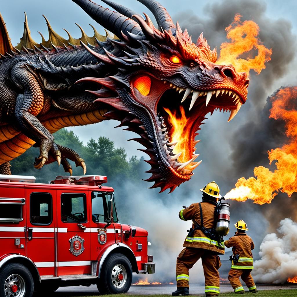 Fireman vs Dragon: A Fantasy Battle Scene