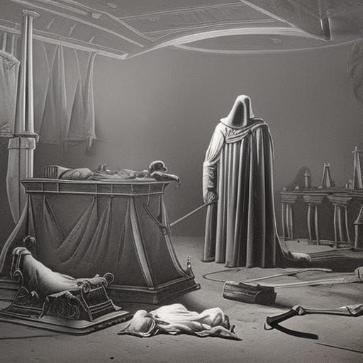 Dark Medieval Morgue Scene with Plague Doctor