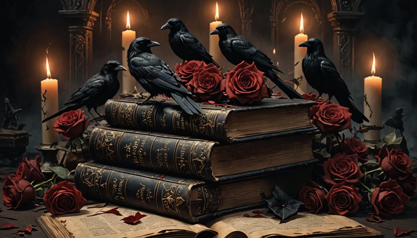 Dark Fantasy Altar with Spell Books and Roses