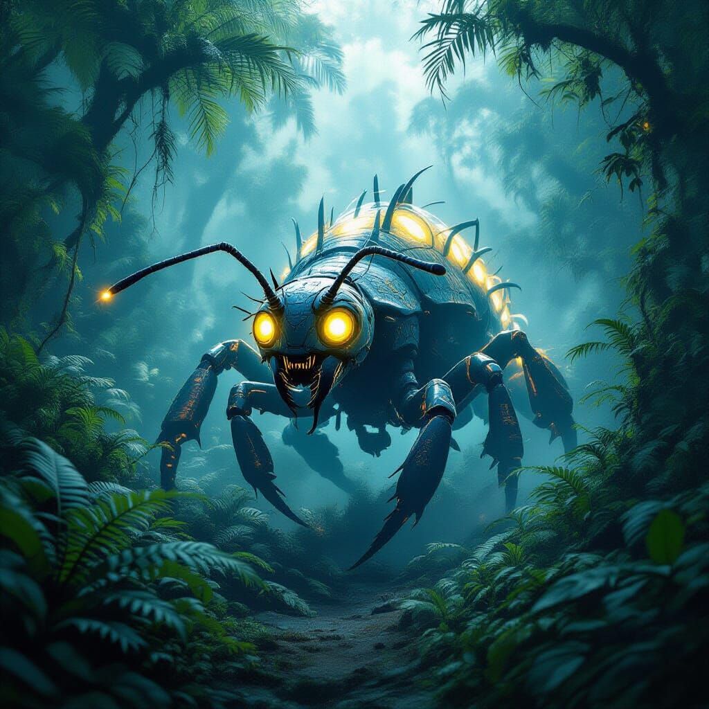 Bioluminescent Ant-Dinosaur Hybrid in Prehistoric Jungle