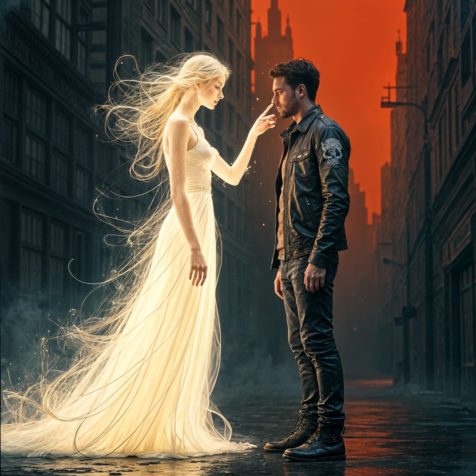 Ethereal Woman Comforts Lonely Man in Cityscape