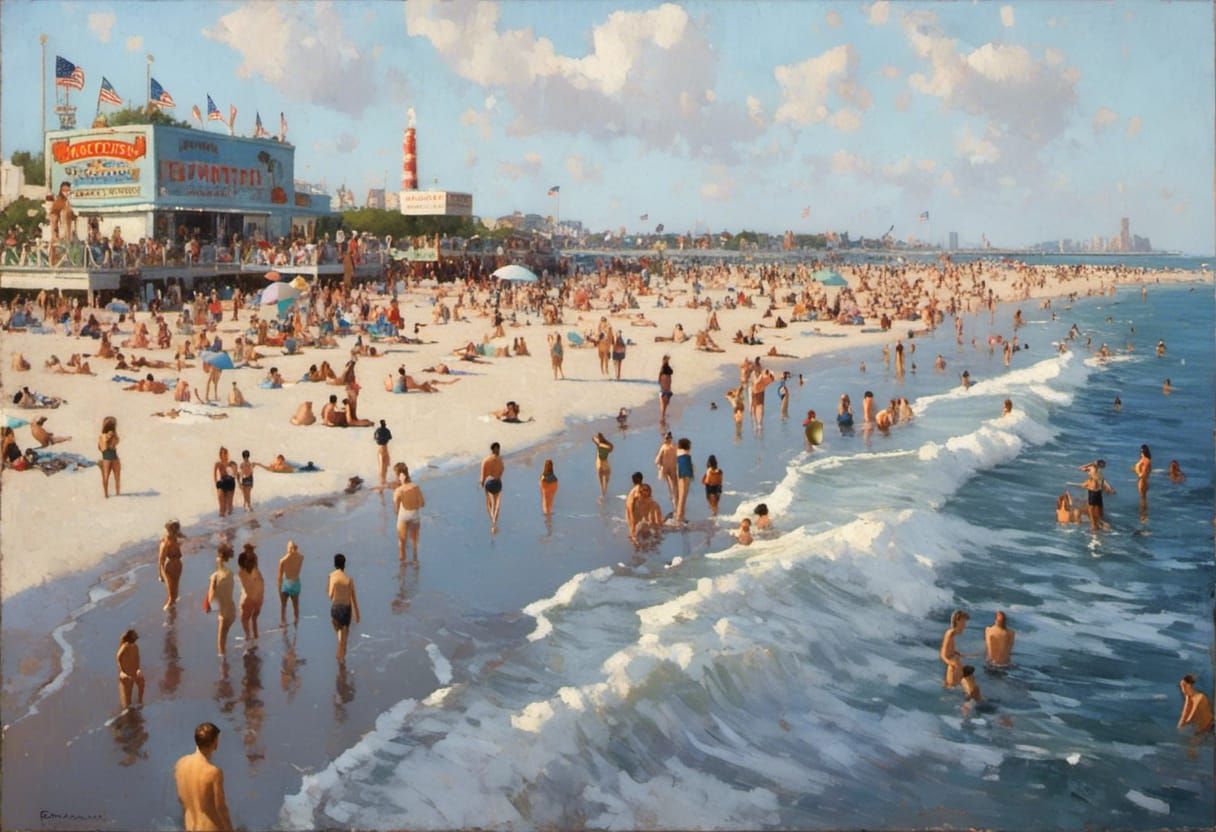 Coney Island Beach Scene in American Realism Style