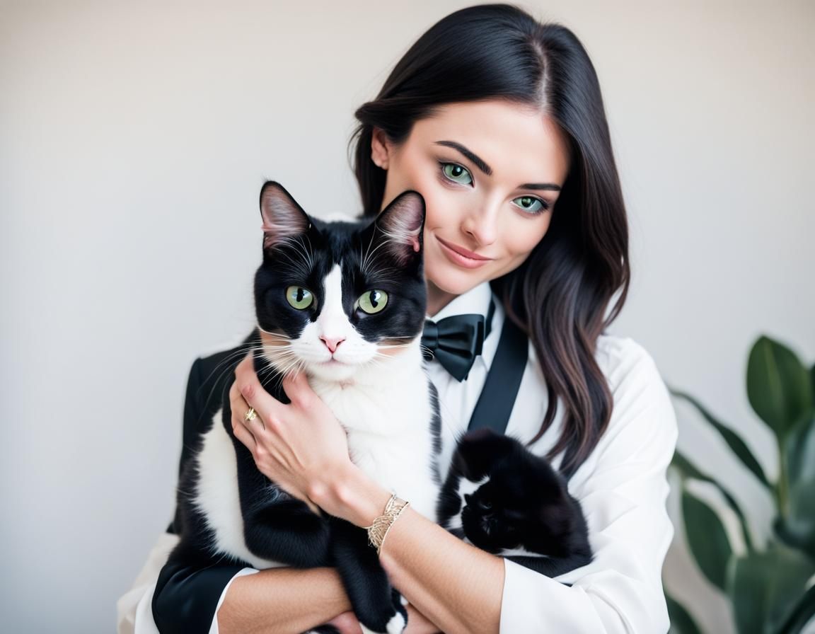 a tuxedo CAT being held by a cute young lady