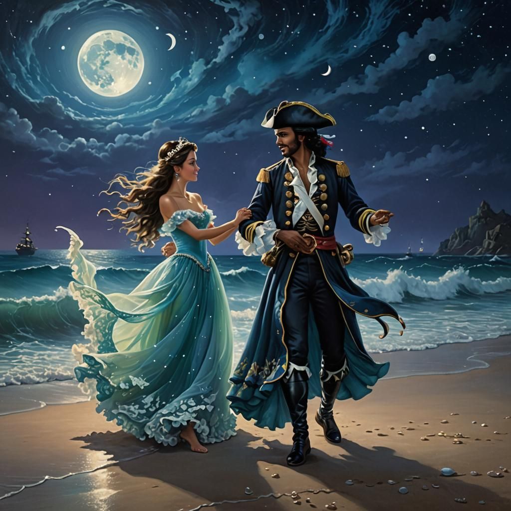 Lovers Dancing on Moonlit Beach in Romantic Style