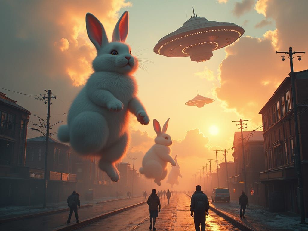 Giant Fluffy Bunnies Invade Cityscape in Cinematic Matte Pai...