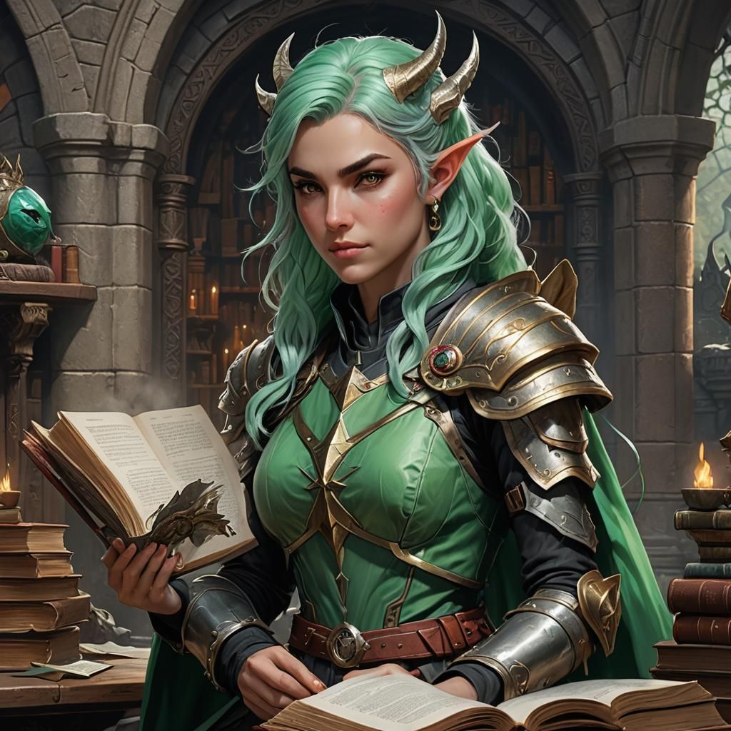D&D Female Tiefling Cleric with Green Hair
