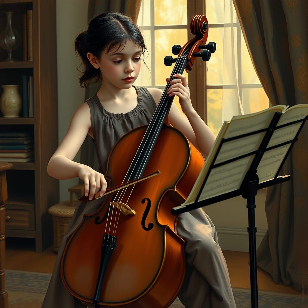 Girl Playing Cello in Art Nouveau Style