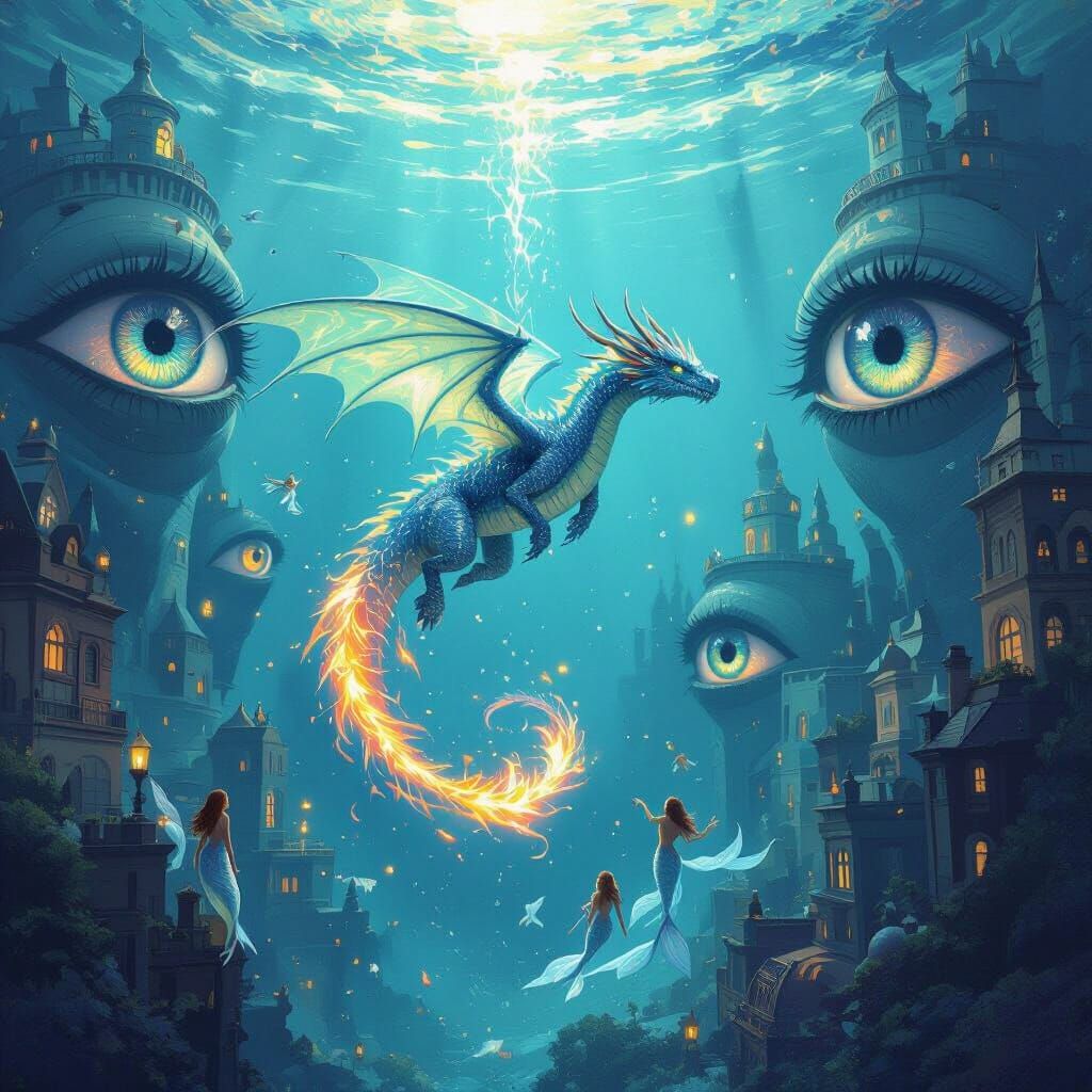 Underwater Sapphire Dragon with Mermaids in Dreamlike Scene
