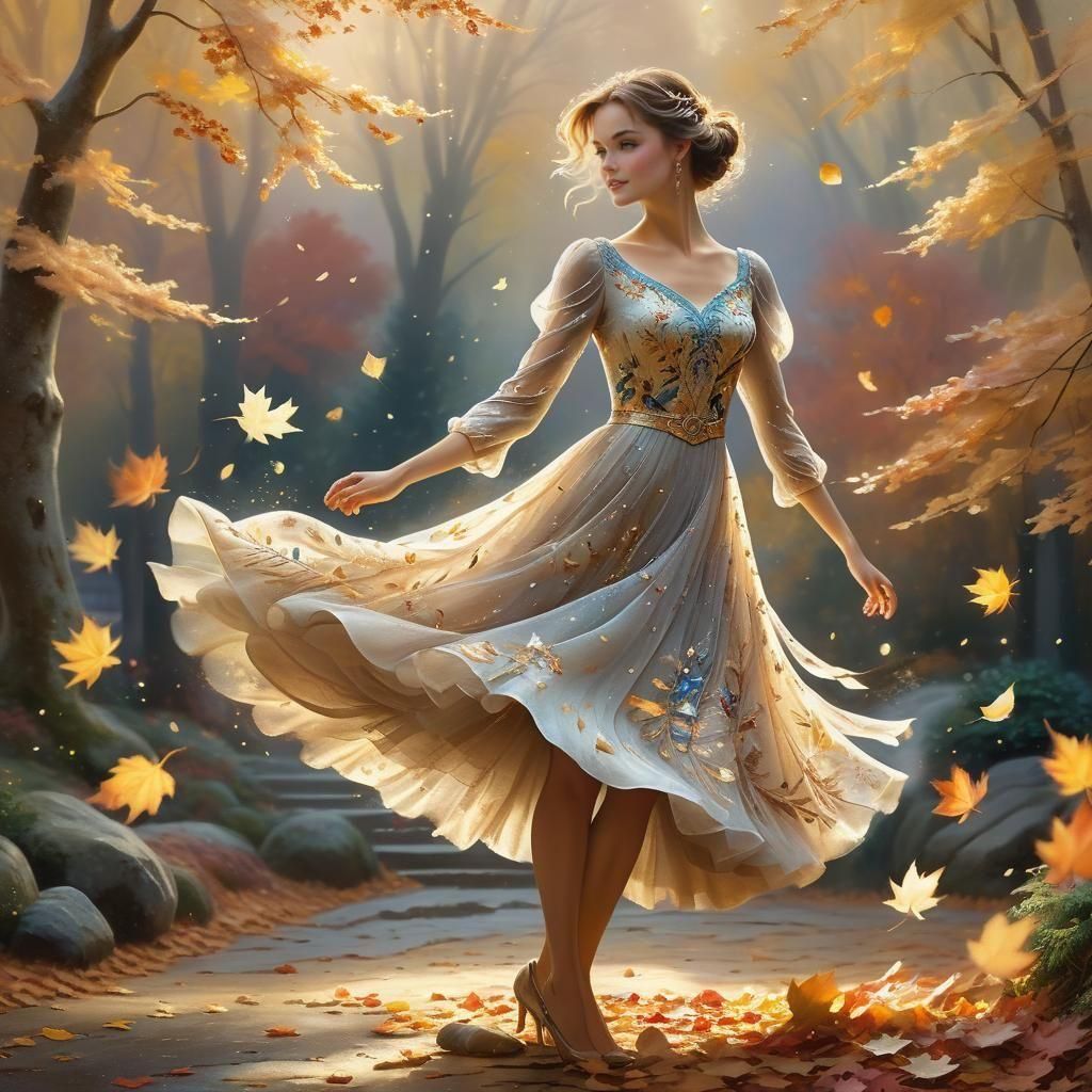 Woman Twirling in Autumn Leaves, Ethereal Style