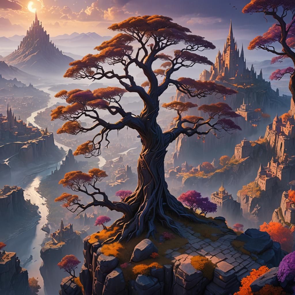 Mystical Tree Overlooking Ancient City in Matte Painting