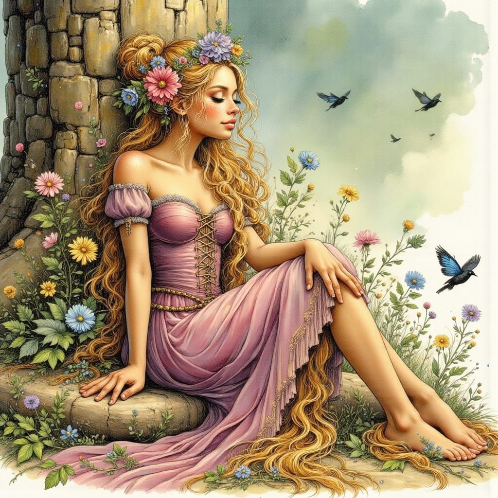 Blonde Woman in Airbrushed Florid Fantasy Scene