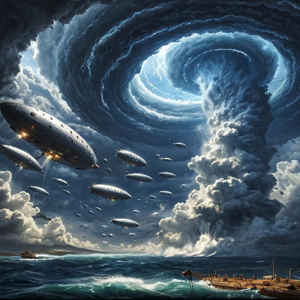 Steampunk Airships Soar Above Ocean Whirlpool