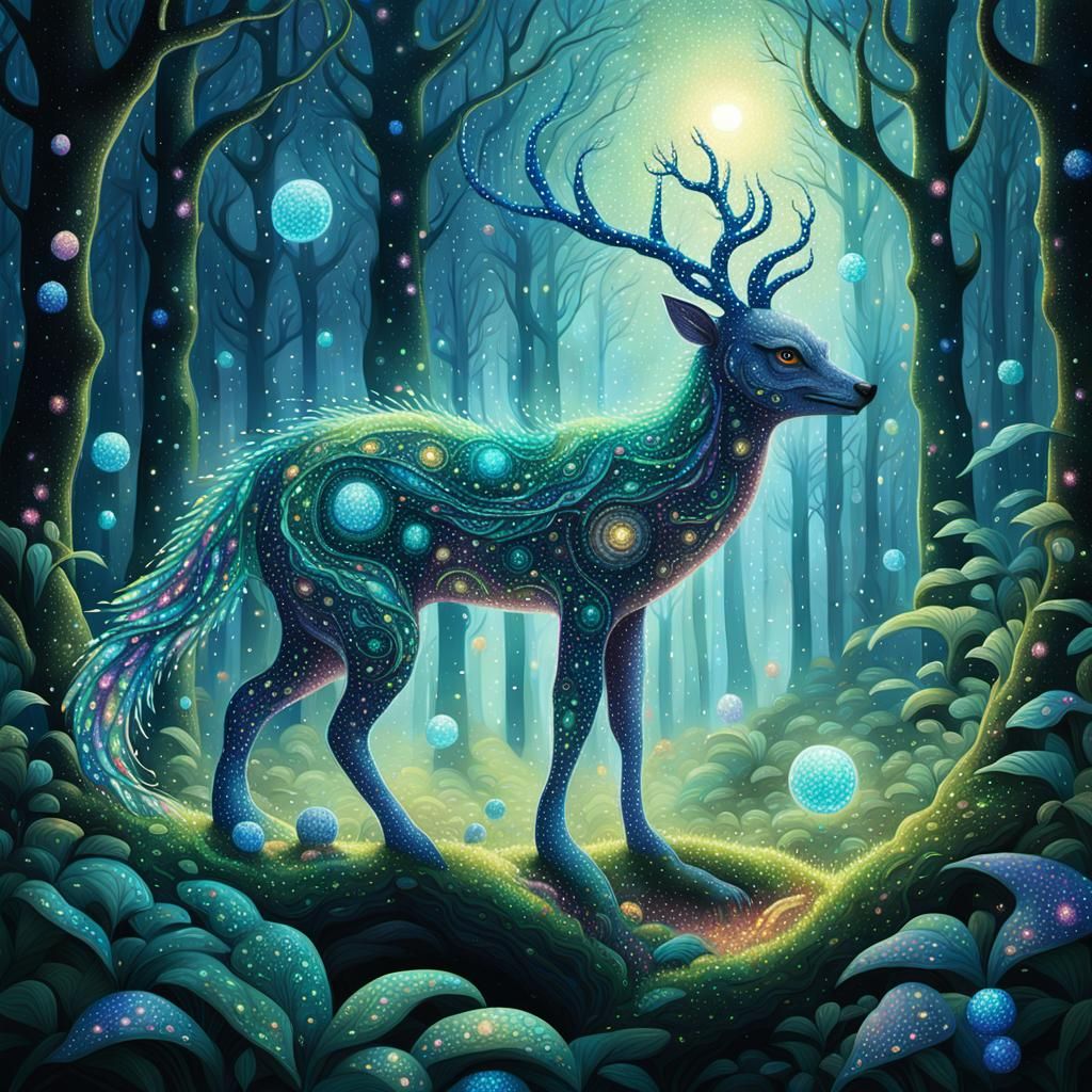Glowing Orb Creature in Pointillist Iridescent Forest