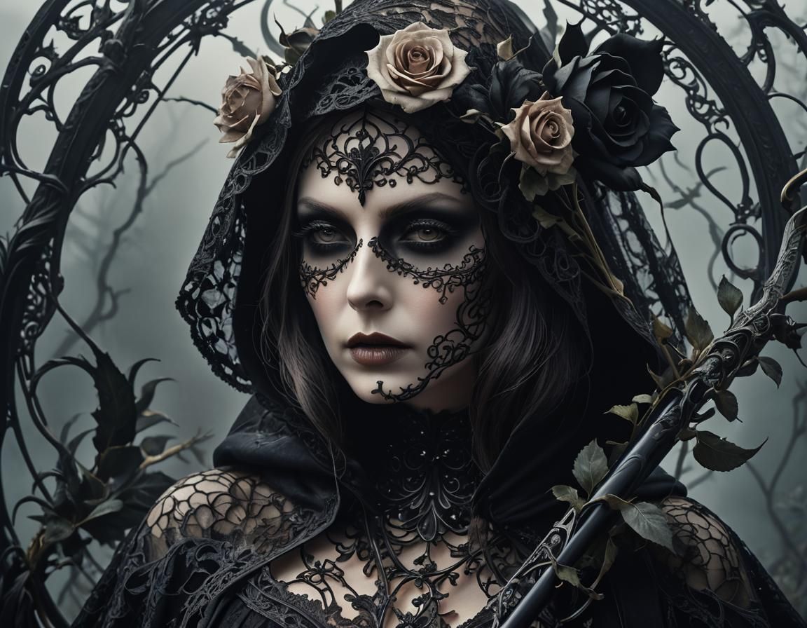 Lady Grim Reaper with Black Rose in Fairytale Style