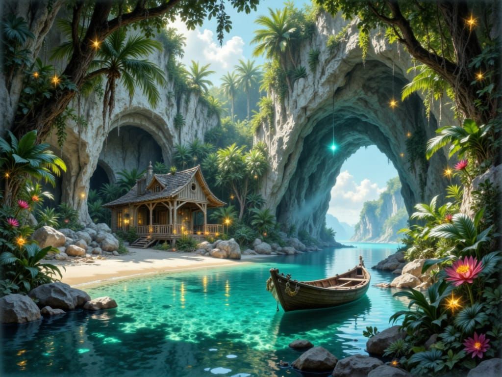 <lora:pjs ultra:1.0> <lora:FluxSeed:1.0> A hidden cove accessible only by a magical, shimmering portal, serving as a tra...