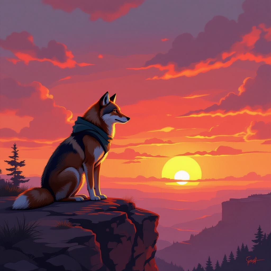 Red Wolf Gazing at Sunset Landscape