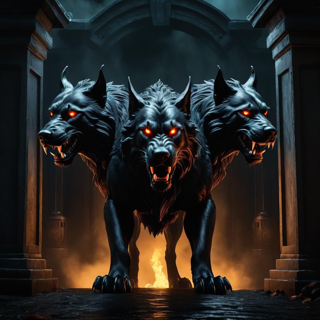 Majestic Cerberus Guards Underworld Gate in Film Noir