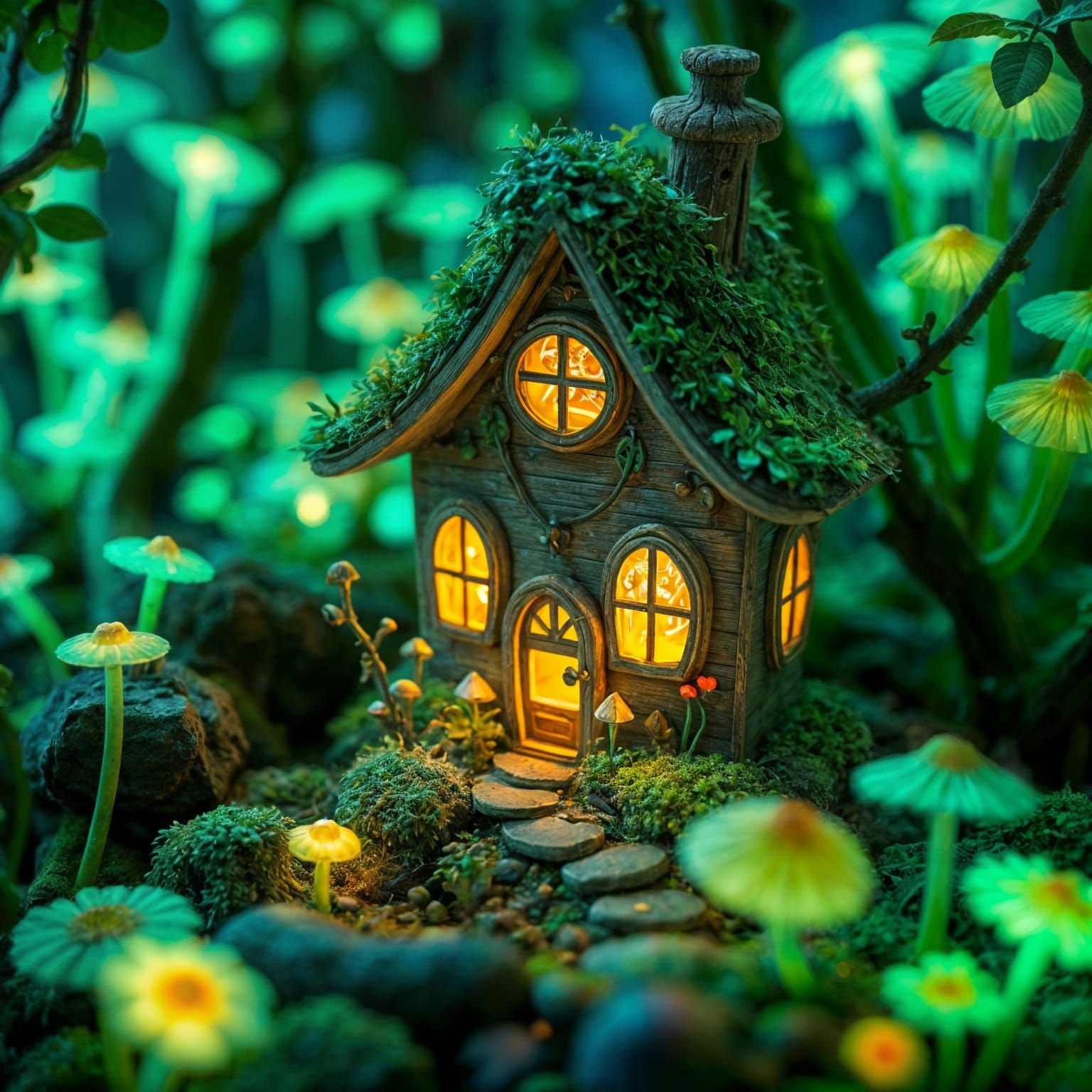 Enchanted Fairy House in Bioluminescent Forest