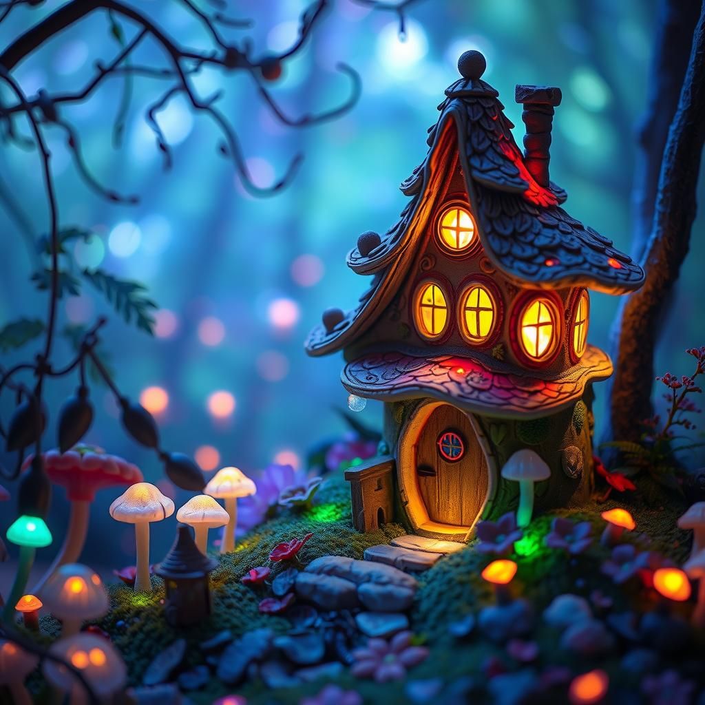 Enchanted Fairy House in Bioluminescent Forest
