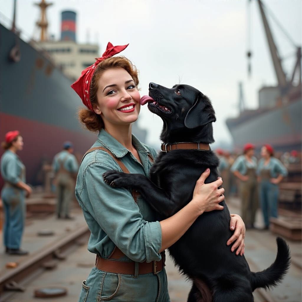 Rosie the Riveter with Black Lab at Shipyard