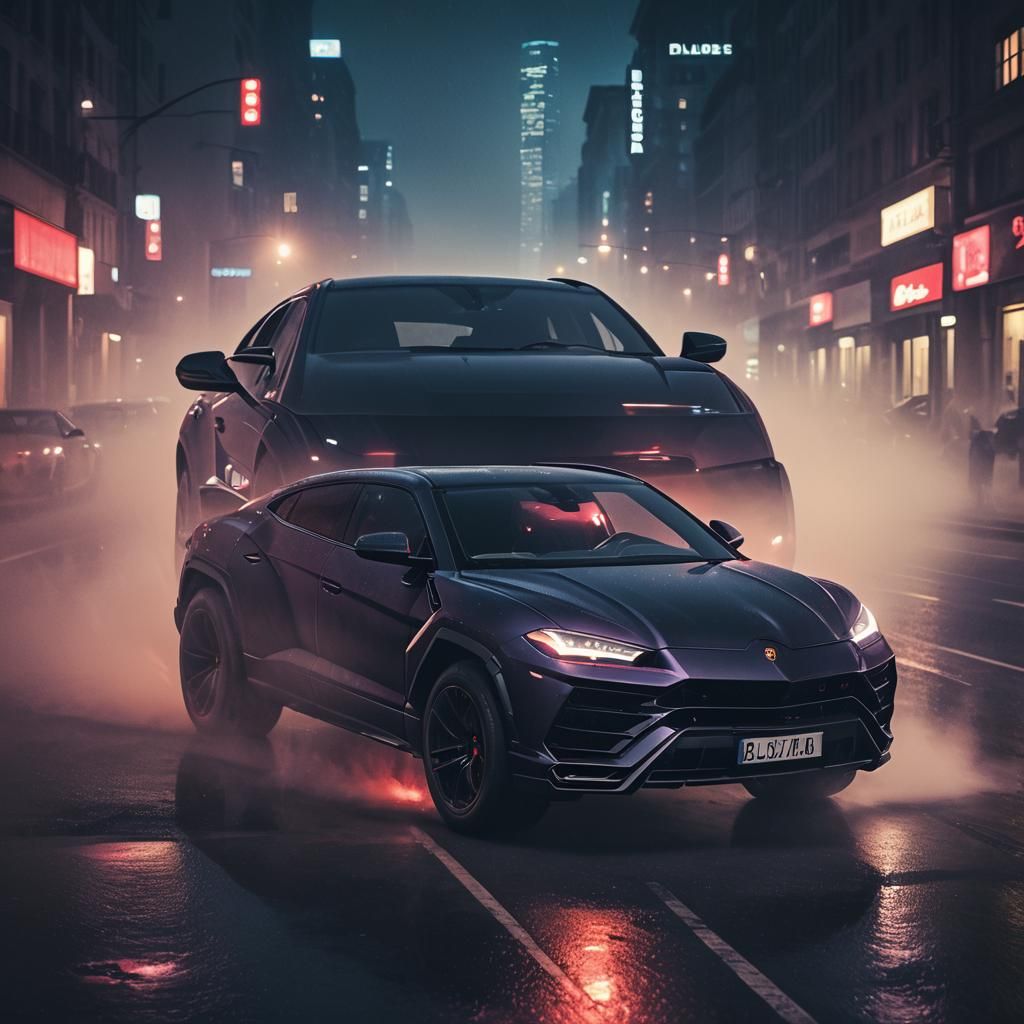 Black Lamborghini Urus Races Through Misty City
