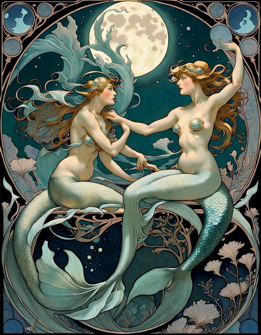 Mystical Mermaids in Moonlit Macroscape: Art Nouveau Style