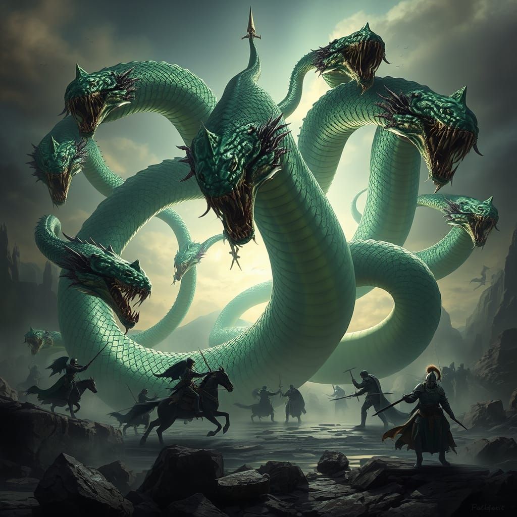 Epic Hydra Battle Scene in Photorealistic Style