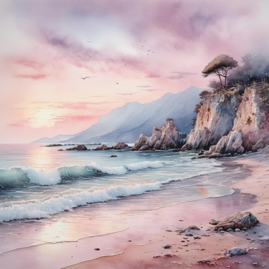 Scenic Italian Beach at Pink Sunrise Watercolor