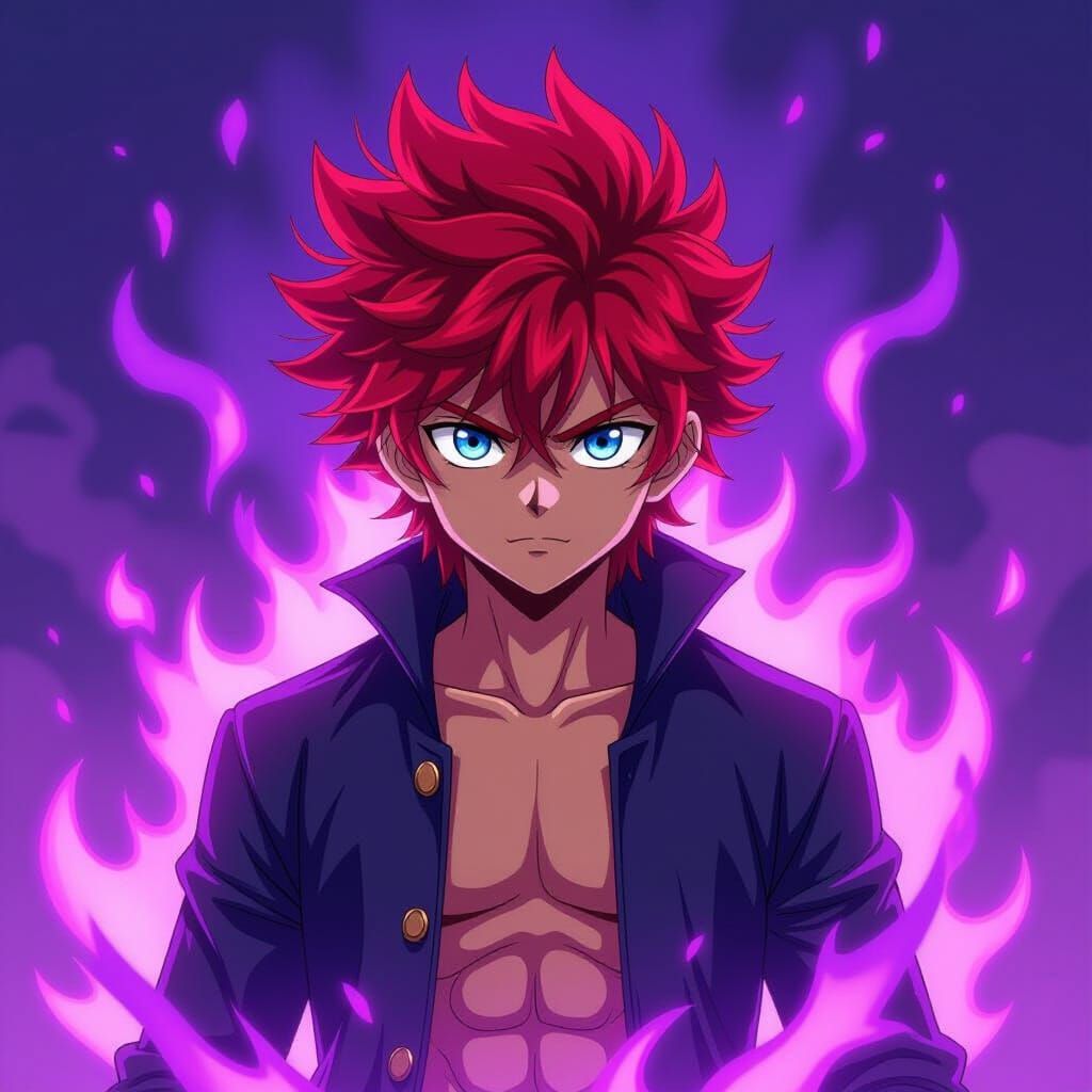 Anime Boy With Blue Eyes, Red Hair Amidst Purple Fire