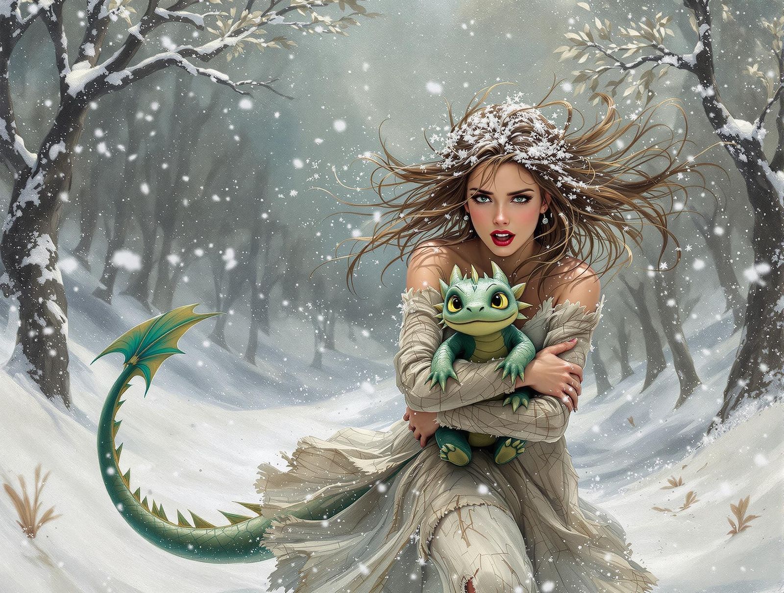 Princess and Dragon in Snowy Forest, Encaustic Art