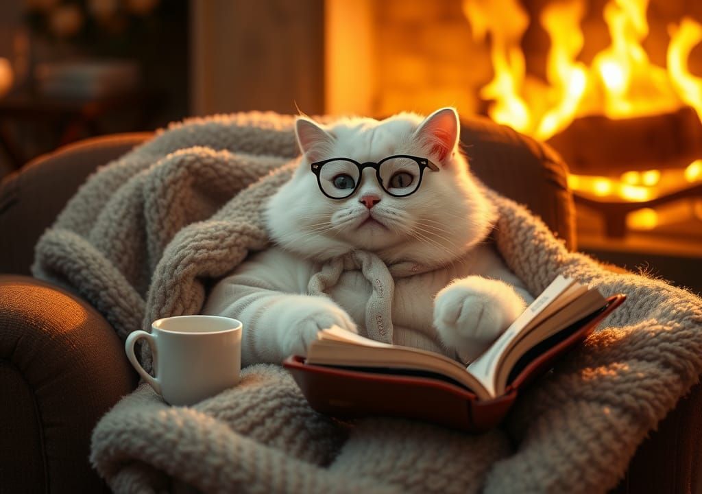 Cat in Pajamas Reading by Fireplace