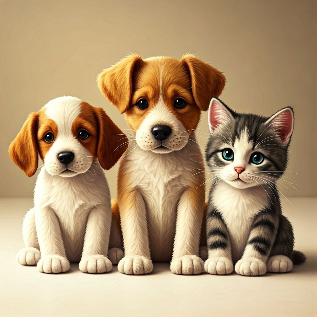 Felted Puppies and Kittens in Nursery, Whimsical Illustratio...