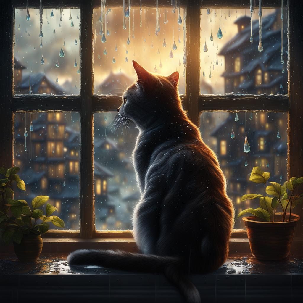 Cat Gazing Through Rain-Streaked Window: Fantasy Concept Art