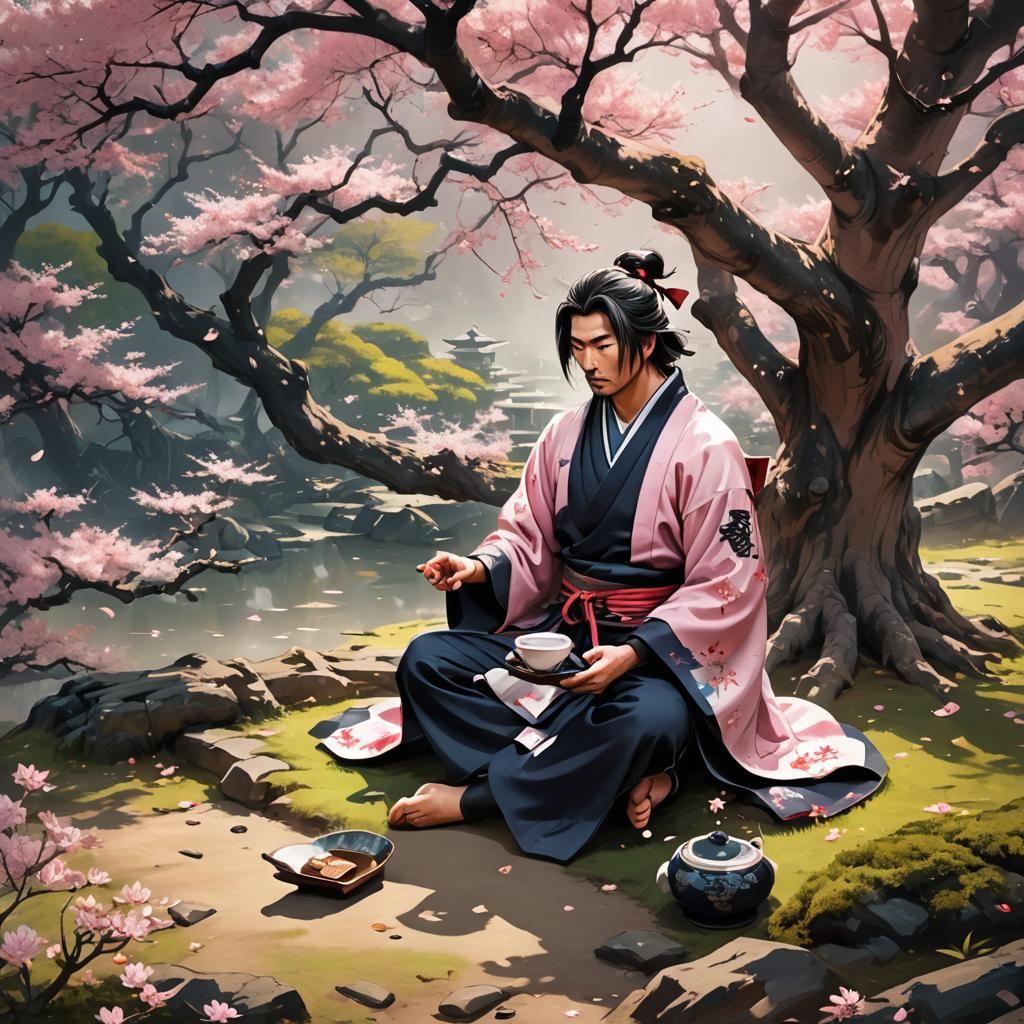 Samurai Tea Under Cherry Blossoms: Anime-Inspired 3D Art