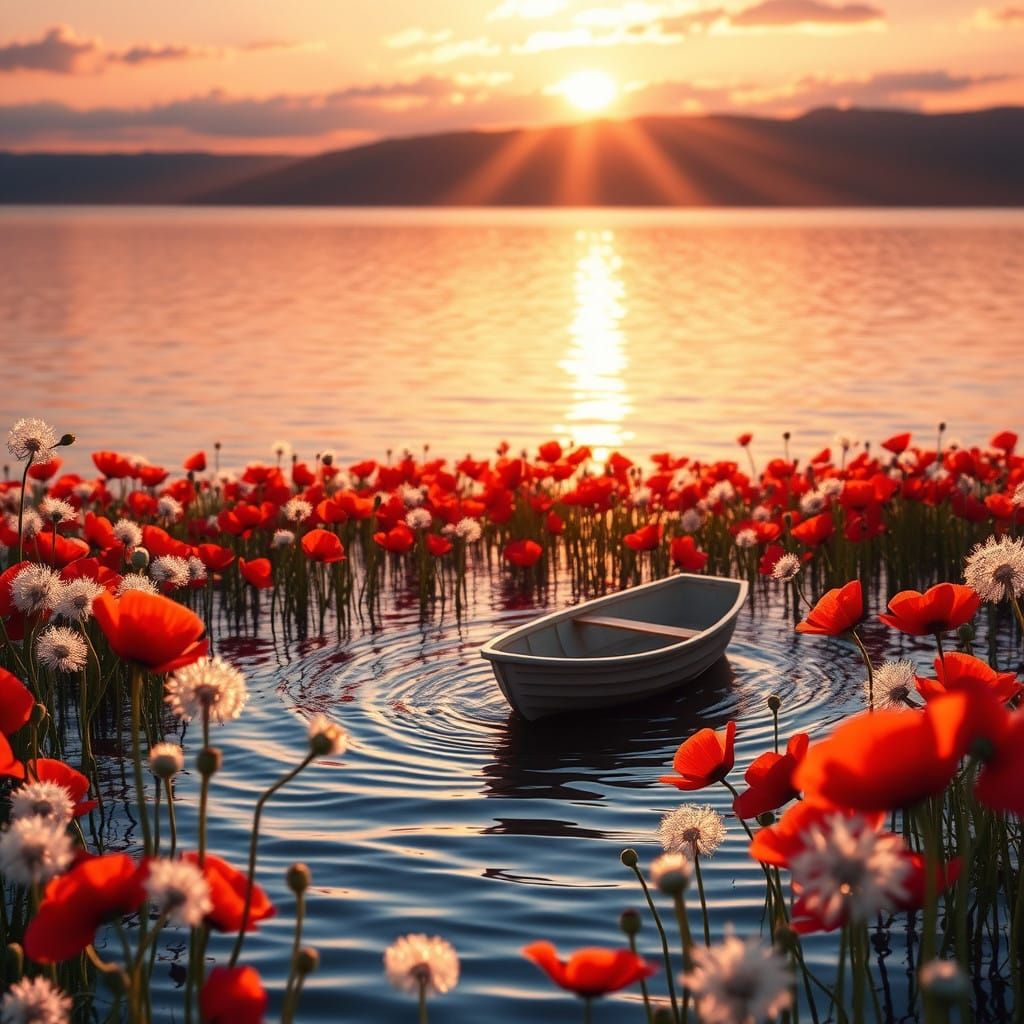 Luminous Lake Scene with Rowing Boat and Blooming Flowers